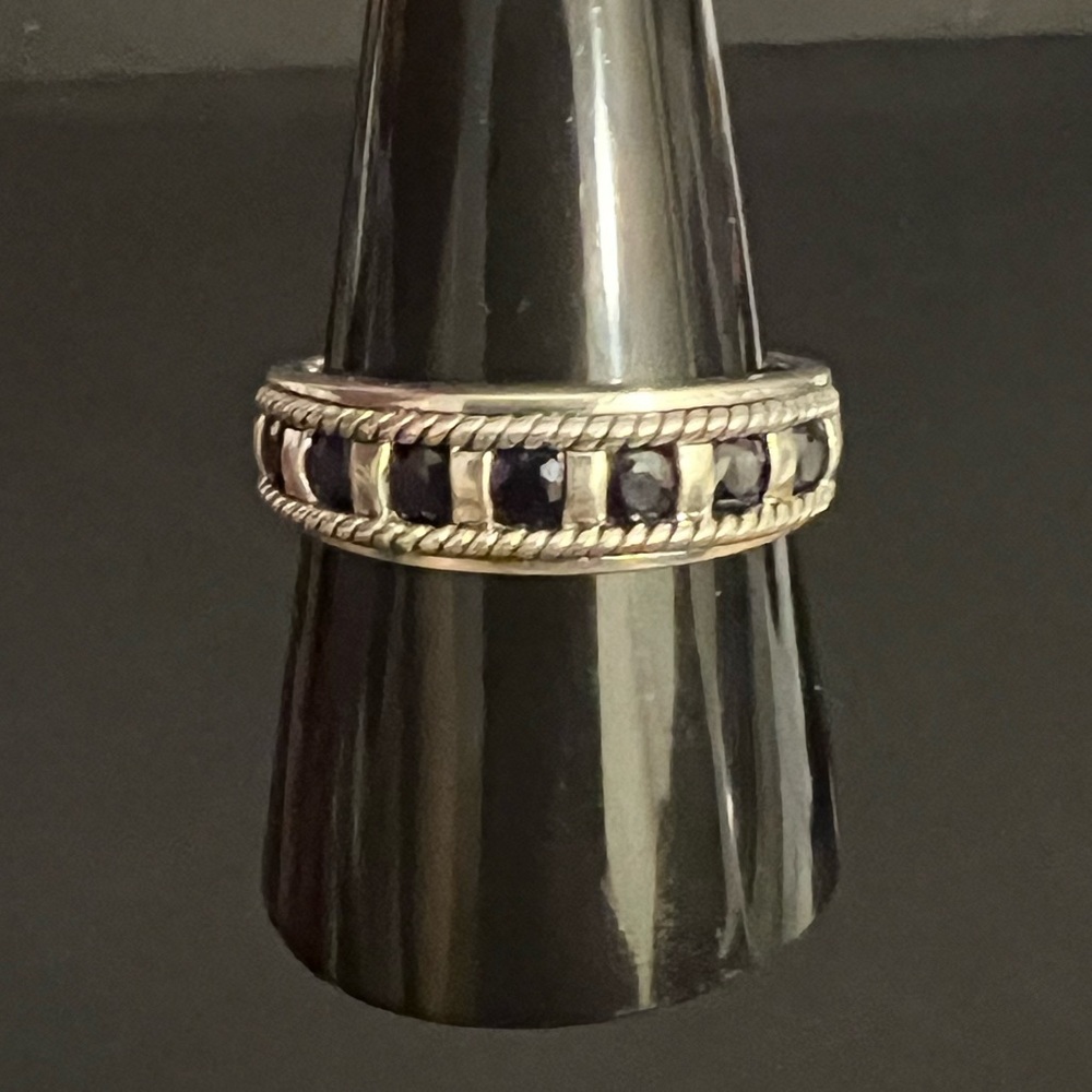 Sterling Silver Band Ring with Dark Blue Stones